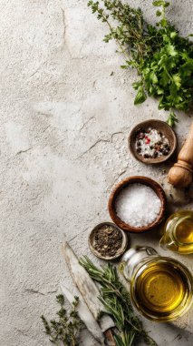Top view flat lay of kitchen seasonings salt, pepper, oil, vinegar, and herbs on rustic countertop with copy space, warm natural light, cooking preparation concept, clean realistic style for website or print use.
