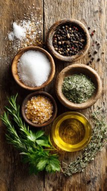 Top view flat lay of kitchen seasonings salt, pepper, oil, vinegar, and herbs on rustic countertop with copy space, warm natural light, cooking preparation concept, clean realistic style for website or print use.