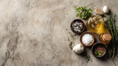 Top view flat lay of kitchen seasonings salt, pepper, oil, vinegar, and herbs on rustic countertop with copy space, warm natural light, cooking preparation concept, clean realistic style for website or print use.