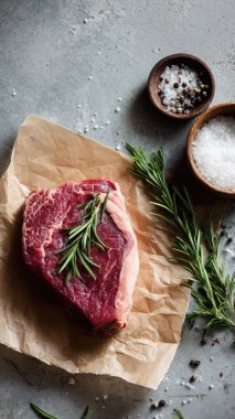 Top view flat lay of raw steak, rosemary, salt, and pepper on rustic background with copy space, soft natural light, realistic texture, cooking preparation concept, clean professional style for website or print.