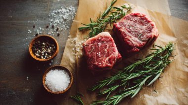 Top view flat lay of raw steak, rosemary, salt, and pepper on rustic background with copy space, soft natural light, realistic texture, cooking preparation concept, clean professional style for website or print.