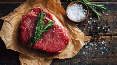 Top view flat lay of raw steak, rosemary, salt, and pepper on rustic background with copy space, soft natural light, realistic texture, cooking preparation concept, clean professional style for website or print.