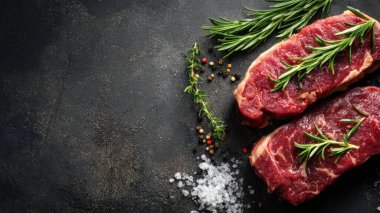 Top view flat lay of raw steak, rosemary, salt, and pepper on rustic background with copy space, soft natural light, realistic texture, cooking preparation concept, clean professional style for website or print.