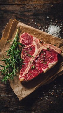 Top view flat lay of raw T-bone steak with rosemary, salt, and pepper on rustic wooden background with copy space, warm natural light, realistic texture, gourmet cooking concept, professional style for website or print use.