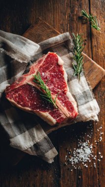 Top view flat lay of raw T-bone steak with rosemary, salt, and pepper on rustic wooden background with copy space, warm natural light, realistic texture, gourmet cooking concept, professional style for website or print use.