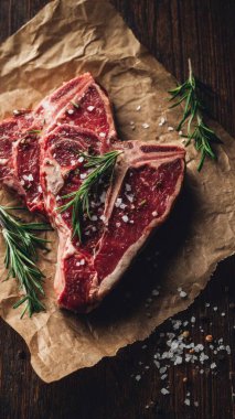 Top view flat lay of raw T-bone steak with rosemary, salt, and pepper on rustic wooden background with copy space, warm natural light, realistic texture, gourmet cooking concept, professional style for website or print use.