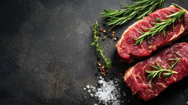 Top view flat lay of raw steak, rosemary, salt, and pepper on rustic background with copy space, soft natural light, realistic texture, cooking preparation concept, clean professional style for website or print.
