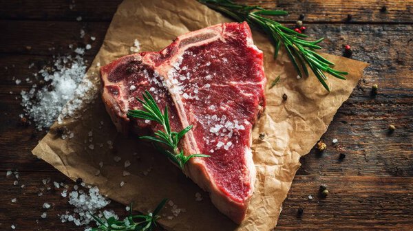 Top view flat lay of raw T-bone steak with rosemary, salt, and pepper on rustic wooden background with copy space, warm natural light, realistic texture, gourmet cooking concept, professional style for website or print use.