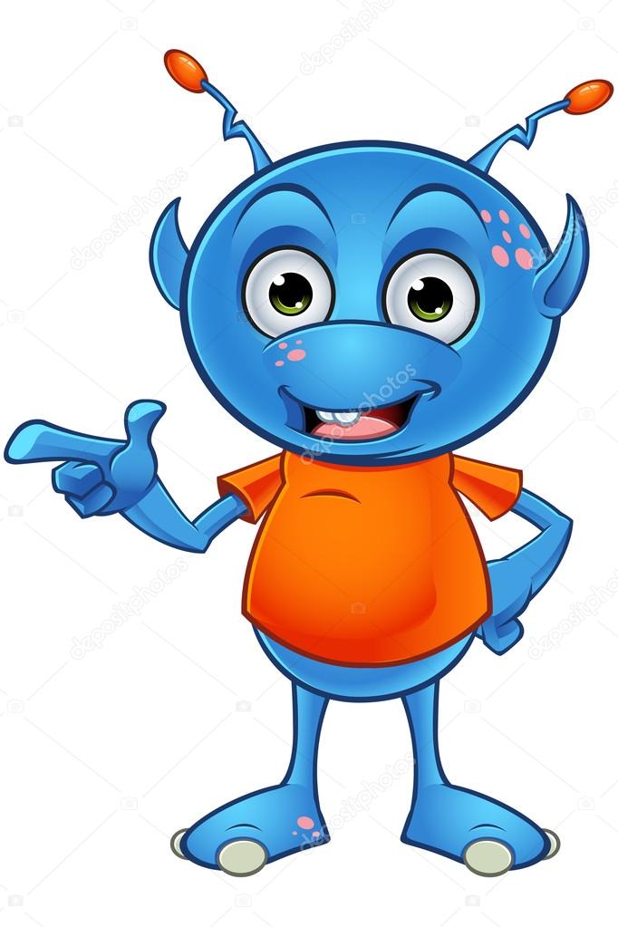 Um personagem de desenho animado com um alienígena azul usando óculos  escuros.
