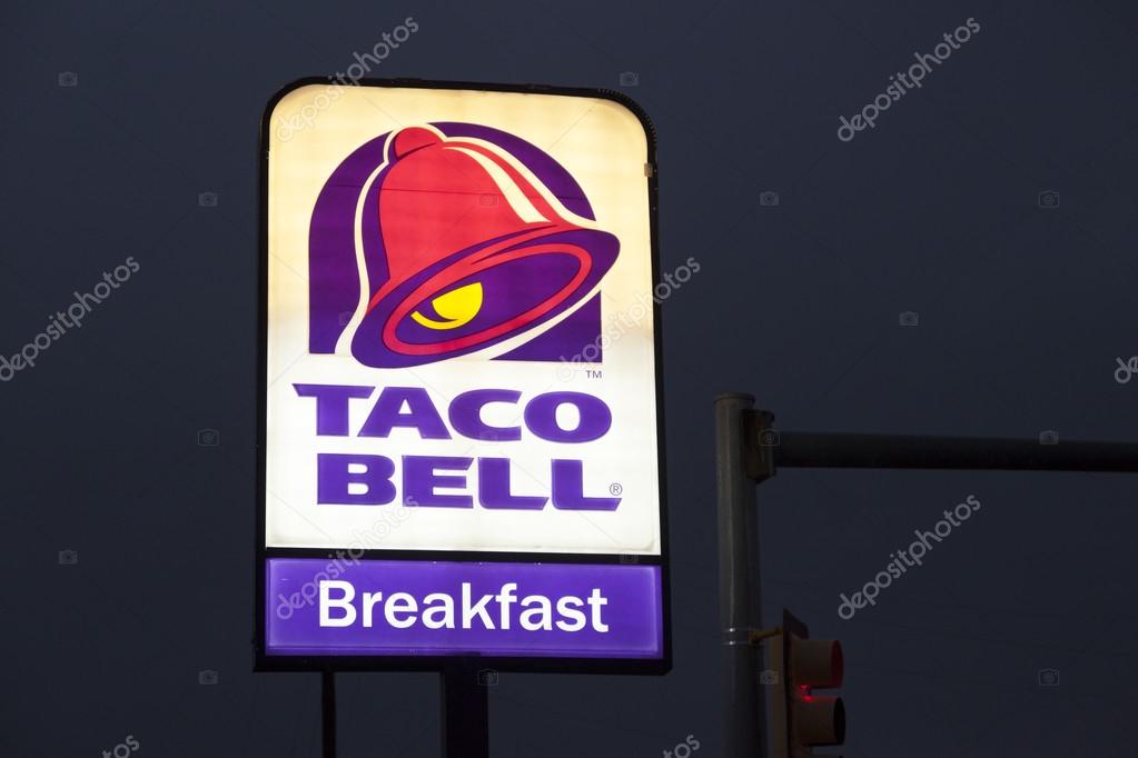 Taco Bell fast food restaurant sign. Taco Bell is an American chain of restaurants that serve a Tex-Mex foods