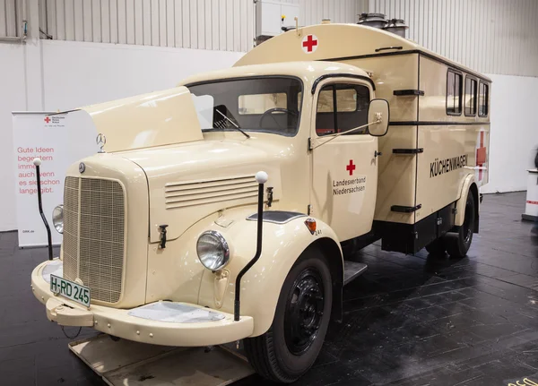 Historic Mercedes Benz Red Cross truck at the 65th IAA Commercial Vehicles Fair 2014 in Hannover, Germany — Stock Photo, Image