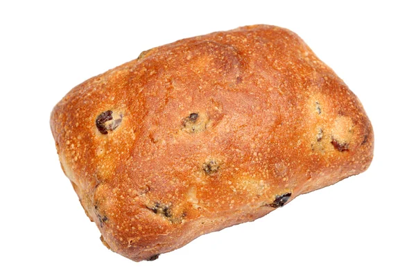 Ekmek topuz beyaz bitti izole kuş üzümü ve kuru üzüm ile — Stok fotoğraf