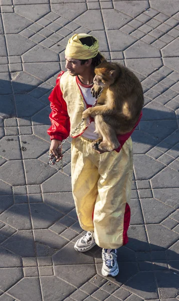 MARRAKESH, MOROCCO - NOV 20: Artista com um macaco na praça Jemaa el-Fnaa em Marraquexe. 20 de novembro de 2008 em Marraquexe, Marrocos — Fotografia de Stock