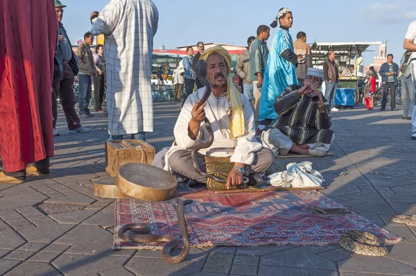 MARRAKESH, MARRUECOS - 22 DE NOV: Encantador de serpientes en la plaza Jemaa el-Fnaa de Marrakech. 22 de noviembre de 2008 en Marrakech, Marruecos — Foto de Stock