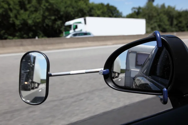 Rear view mirror with extension for driving with a trailer — Stock Photo, Image