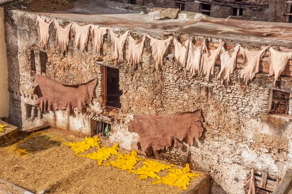 Garbarnie tradycyjnych skórzanych na terenie medyny w Fezie, Maroko — Zdjęcie stockowe