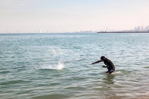 KUWAIT - DEC 8: Arabic man fishes with the traditional net in the Gulf. December 8, 2014 in Kuwait, Middle East — Stock Photo, Image