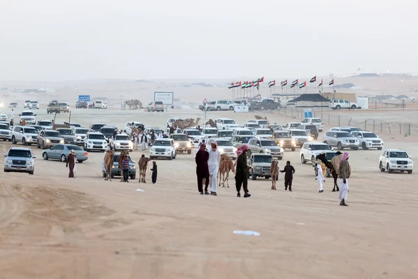 MADINAT ZAYED, Emirados Árabes Unidos - DEC 22: Emirados em seus carros no Al Dhafra Camel Festival em Al Gharbia. 22 de dezembro de 2014 em Madinat Zayed, Emirado de Abu Dhabi, Emirados Árabes Unidos — Fotografia de Stock