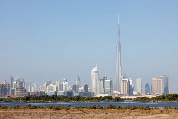 Skyline de Dubai City com o santuário de vida selvagem em primeiro plano — Fotografia de Stock