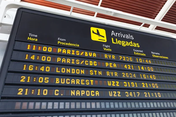 Tabel van de aankomst op de luchthaven van Zaragoza, Spanje — Stockfoto