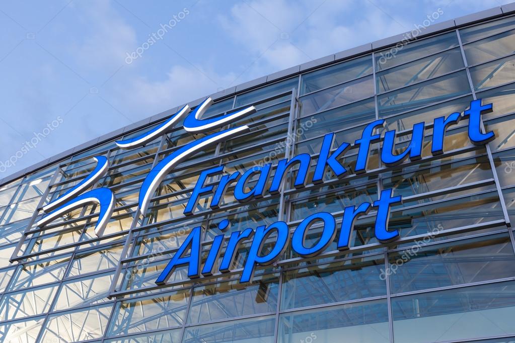 FRANKFURT - SEP 11: Frankfurt International Airport Logo illuminated at night. September 11, 2015 in Frankfurt Main, Germany