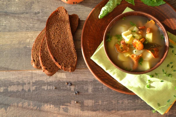 Chanterelle soup puree with thyme, top view, flat lay image with copy space — Stock Image Chanterelle Soup Puree Thyme Top View Flat Lay Image Copy Royalty Free Stock Images