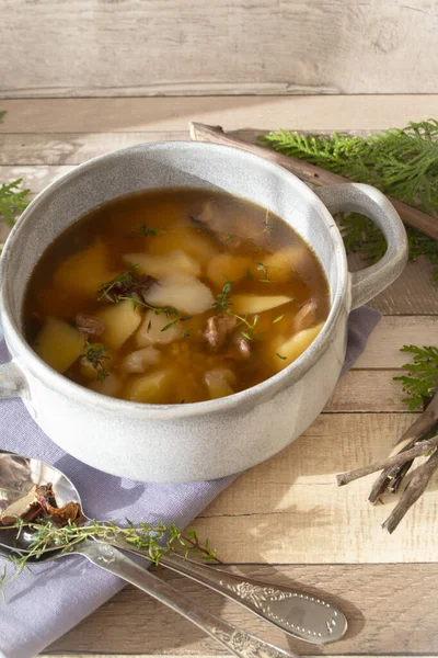 Homemade vegetarian mushroom soup with barley and vegetables, vertical image — Stock Image Homemade Vegetarian Mushroom Soup Barley Vegetables Vertical Image Royalty Free Stock Photos