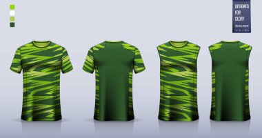 Tişört modeli, futbol forması için spor gömlek şablonu tasarımı, futbol takımı. Basketbol forması için atlet, koşan atlet. Spor üniforması için kumaş deseni ön planda. Vektör İllüstrasyonu.