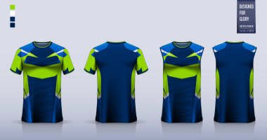 Futbol forması ya da futbol takımı için tişört modeli ya da spor gömlek şablonu tasarımı. Basketbol forması ya da koşu atleti için kolsuz bluz. Spor üniforması için kumaş deseni ön planda. Vektör İllüstrasyonu.