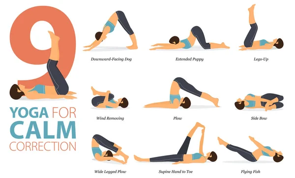 Infográfico Ioga Poses Para Treino Conceito Correção Calma Projeto Liso — Vetor de Stock