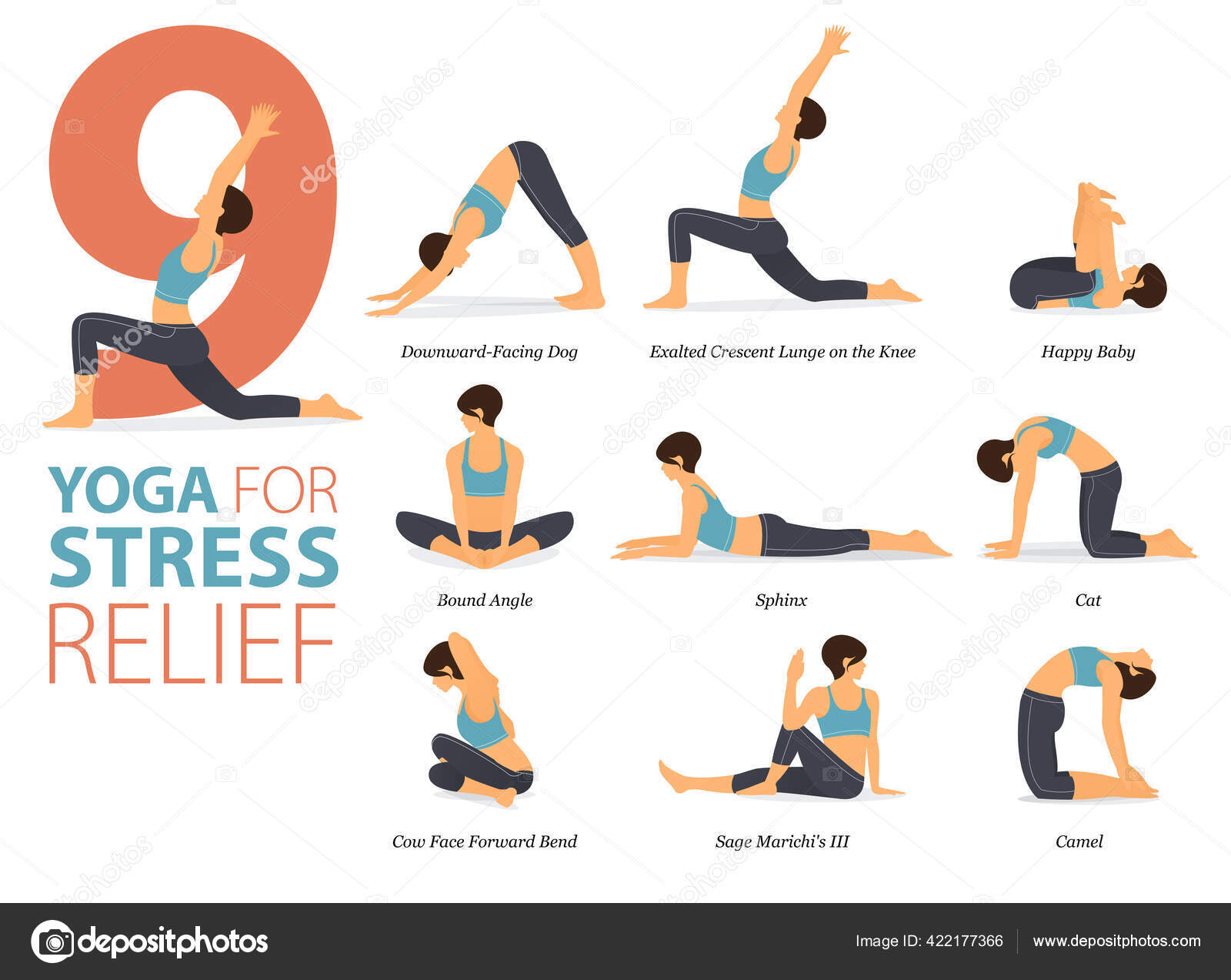 10 Yoga poses or asana posture for workout in Better Balance concept. Women  exercising for body stretching. Fitness infographic. Flat cartoon vector  Stock Vector