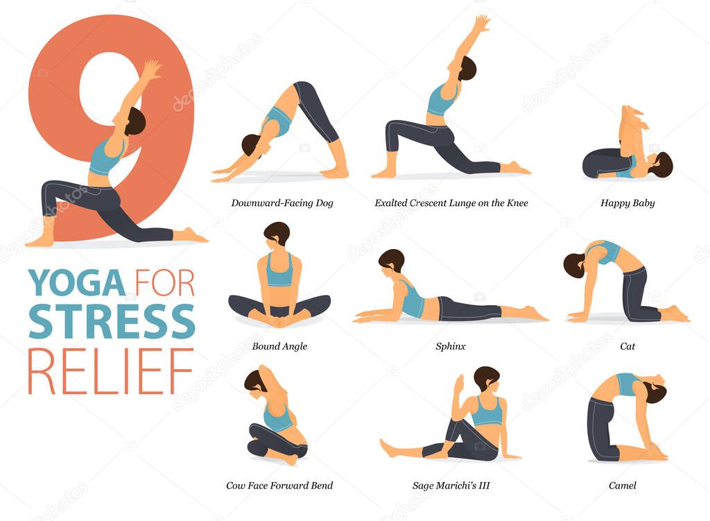Infographic 9 Yoga poses for workout in concept of Stress Relief in flat design. Women exercising for body stretching. Yoga posture or asana for fitness infographic. Flat Cartoon Vector Illustration.