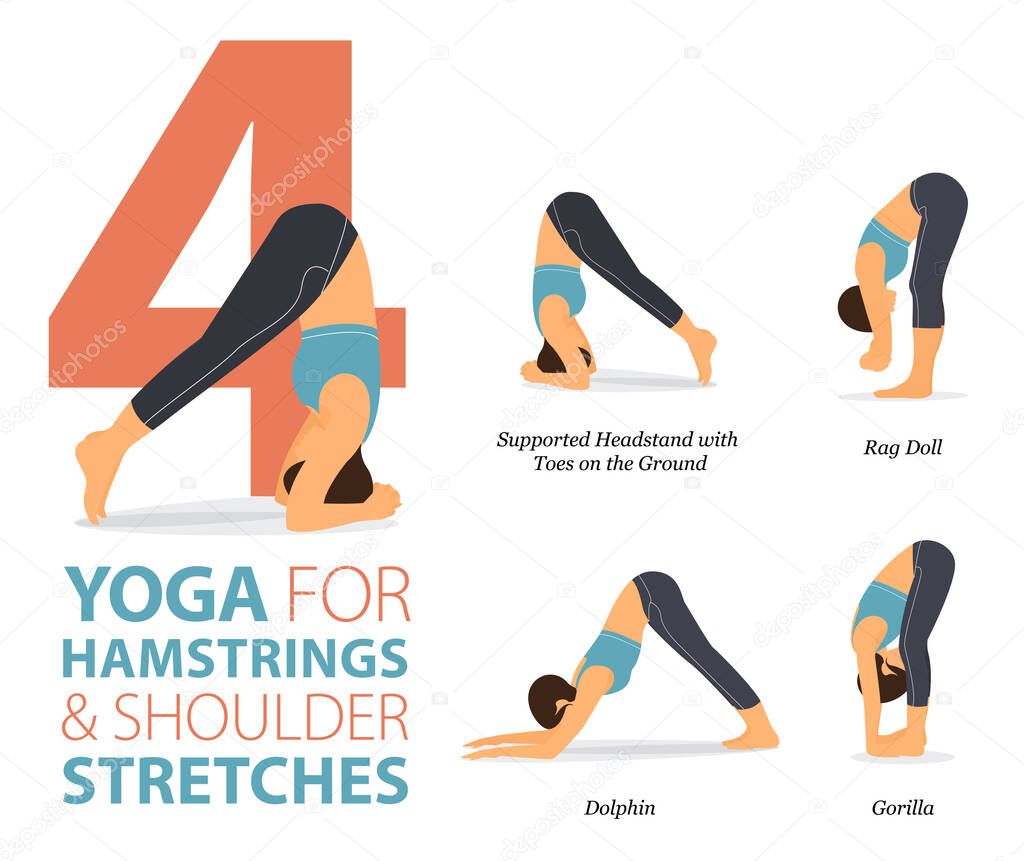 Infographic 4 Yoga poses for workout in concept of Hamstrings and Shoulder in flat design. Women exercising for body stretching. Yoga posture or asana for fitness infographic. Flat Cartoon Vector Illustration.