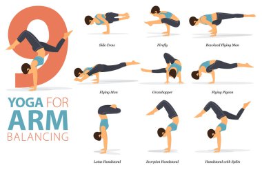 Infographic 9 Yoga düz tasarımda Kol Dengesi kavramında egzersiz için poz veriyor. Kadınlar vücut esneme egzersizi yapıyor. Fitness bilgisi için yoga duruşu ya da asana. Düz Çizgi film Vektör İllüstrasyonu.