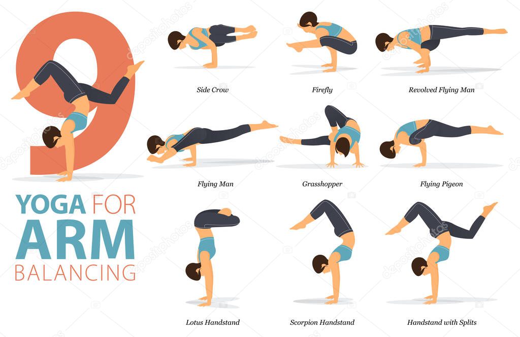Infographic 9 Yoga poses for workout in concept of Arm Balance in flat design. Women exercising for body stretching. Yoga posture or asana for fitness infographic. Flat Cartoon Vector Illustration.