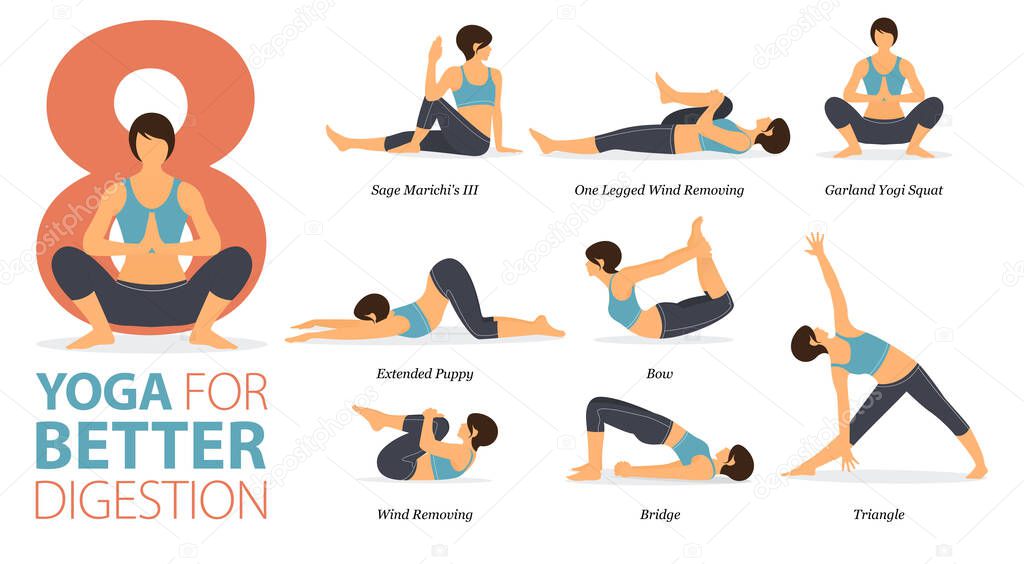 Infographic 8 Yoga poses for workout in concept of Better Digestion in flat design. Women exercising for body stretching. Yoga posture or asana for fitness infographic. Flat Cartoon Vector Illustration.