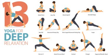 Infographic 13 Yoga düz tasarımda Deep Relaxation konsepti üzerinde çalışmak için poz veriyor. Kadınlar vücut esneme egzersizi yapıyor. Fitness bilgisi için yoga duruşu ya da asana. Düz Çizgi film Vektör İllüstrasyonu.