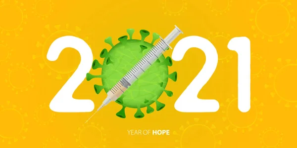 Καλή Χρονιά 2021 Πανό Εμβόλιο Covid Και Κίτρινο Φόντο Έτος — Διανυσματικό Αρχείο