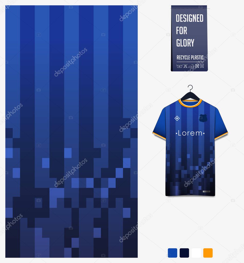 Fabric pattern design. Geometric pattern on blue gradient background for soccer jersey, football kit, bicycle, e-sport, basketball, sports uniform, t-shirt mockup template. Abstract sport background. Vector Illustration.
