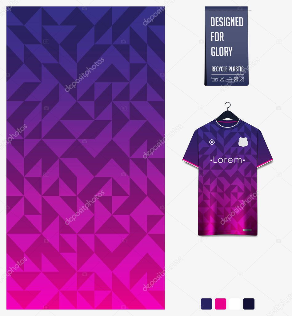 Fabric pattern design. Geometric pattern on blue violet gradient background for soccer jersey, football kit, bicycle, e-sport, basketball, sports uniform, t-shirt mockup template. Abstract sport background. Vector Illustration.