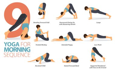 Infographic 9 Yoga düz dizayn Sabah sekansı kavramında egzersiz için poz veriyor. Kadınlar vücut esneme egzersizi yapıyor. Fitness bilgisi için yoga duruşu ya da asana. Düz Çizgi film Vektör İllüstrasyonu.