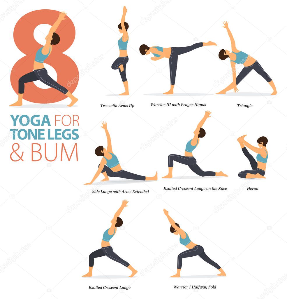 Infographic 8 Yoga poses for workout in concept of Tone legs and bum in flat design. Women exercising for body stretching. Yoga posture or asana for fitness infographic. Flat Cartoon Vector Illustration.