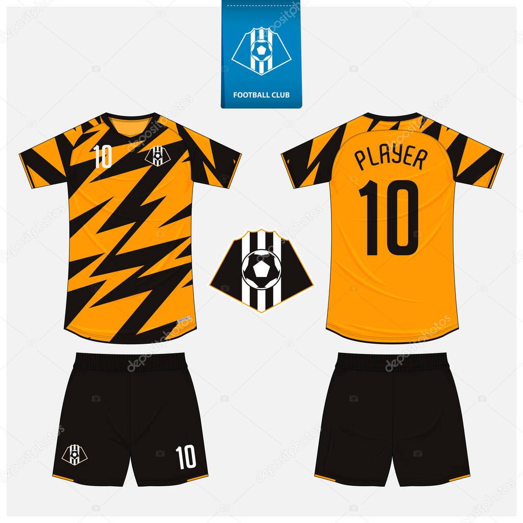 Soccer jersey or football kit mockup template design for sport club. Football shirt, shorts mockup. Soccer uniform in front view, back view. Soccer logo in flat design. Vector Illustration.