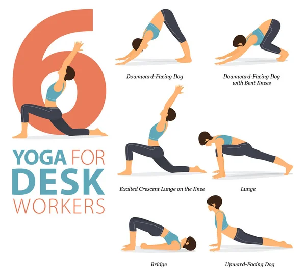 Infographie Postures Yoga Pour Entraînement Dans Concept Desk Workers Flat — Image vectorielle