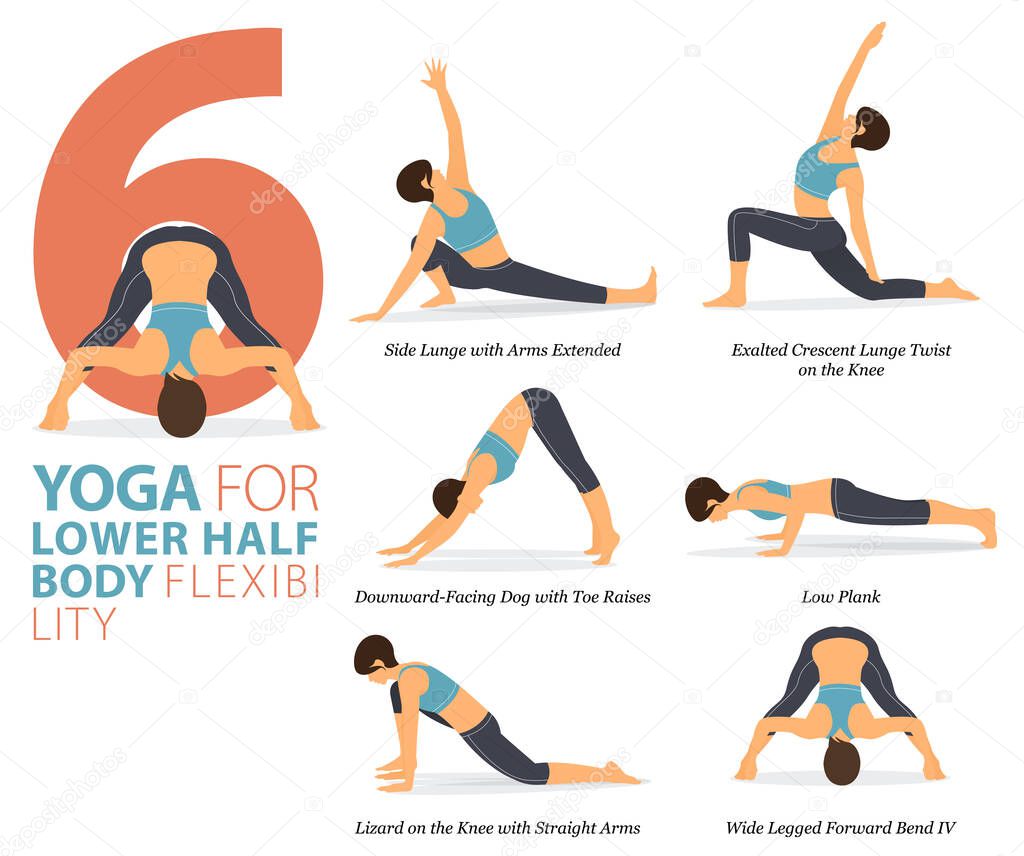 Infographic 6 Yoga poses for workout in concept of Lower body flexibility in flat design. Women exercising for body stretching. Yoga posture or asana for fitness infographic. Flat Cartoon Vector Illustration.