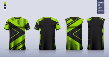 Futbol forması ya da futbol takımı için tişört modeli ya da spor gömlek şablonu tasarımı. Basketbol forması ya da koşu atleti için kolsuz bluz. Spor üniforması için kumaş deseni ön planda. Vektör İllüstrasyonu.