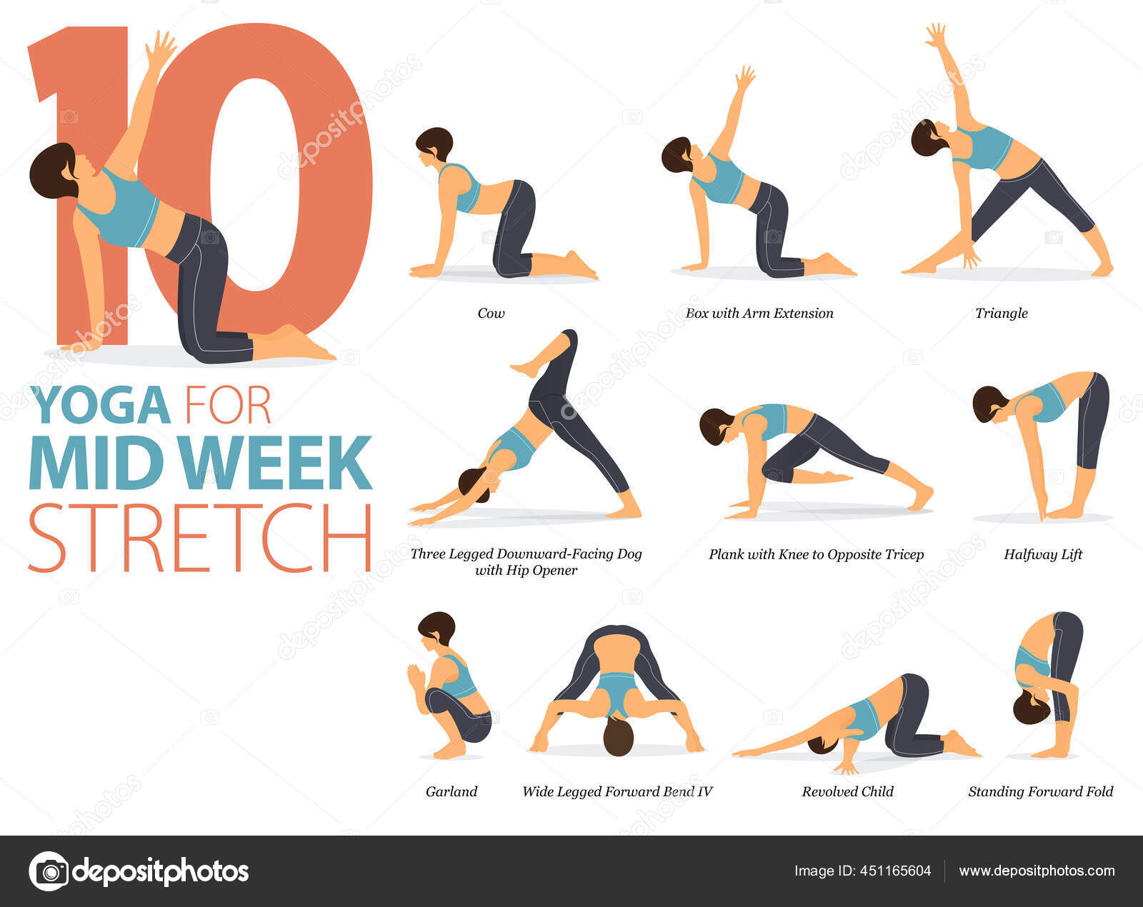 Infográfico Poses Yoga Para Exercício Conceito Estiramento Mid Week Projeto  vetor(es) de stock de ©tond.ruangwit@gmail.com 451165604