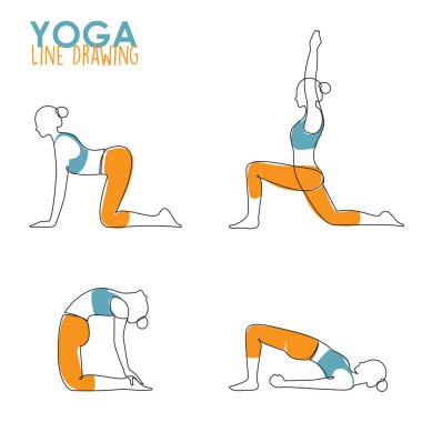 Sürekli kadın yoga pozu ya da Asana duruşu çizimi. Kadın vücut esneme egzersizi yapıyor. 4 Yoga serbest çizim formunda egzersiz için poz veriyor. Vektör İllüstrasyonu. 