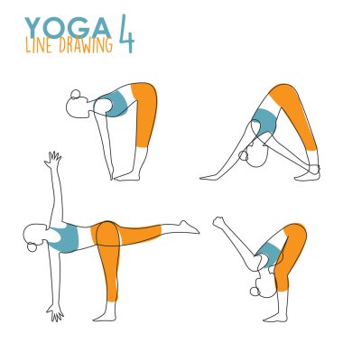 Sürekli kadın yoga pozu ya da Asana duruşu çizimi. Kadın vücut esneme egzersizi yapıyor. 4 Yoga serbest çizim formunda egzersiz için poz veriyor. Vektör İllüstrasyonu. 