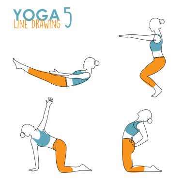 Continuous line drawing of woman yoga pose or asana posture. Female exercising for body stretching.  4 Yoga poses for workout in contour free hand drawing. Vector Illustration.  clipart